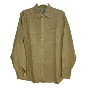 32 Bar Blues Men's Linen Button Up Shirt Brown Size M Khaki Pockets Raw Edges